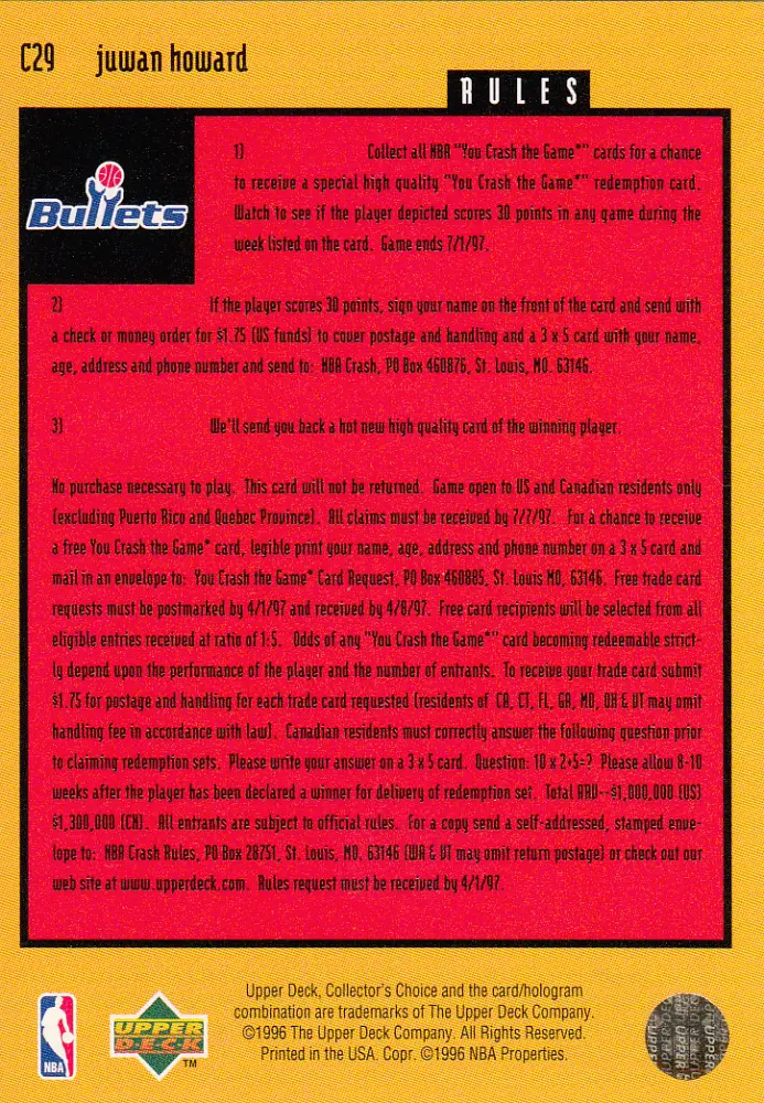 Back view of Juwan Howard 1996-97 Collectors Choice #C29 showing stats for Washington Bullets