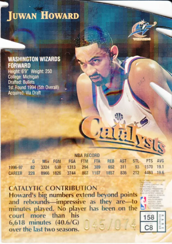 Back view of Juwan Howard 1997-98 Topps Finest #158 C8 showing stats for Washington Bullets