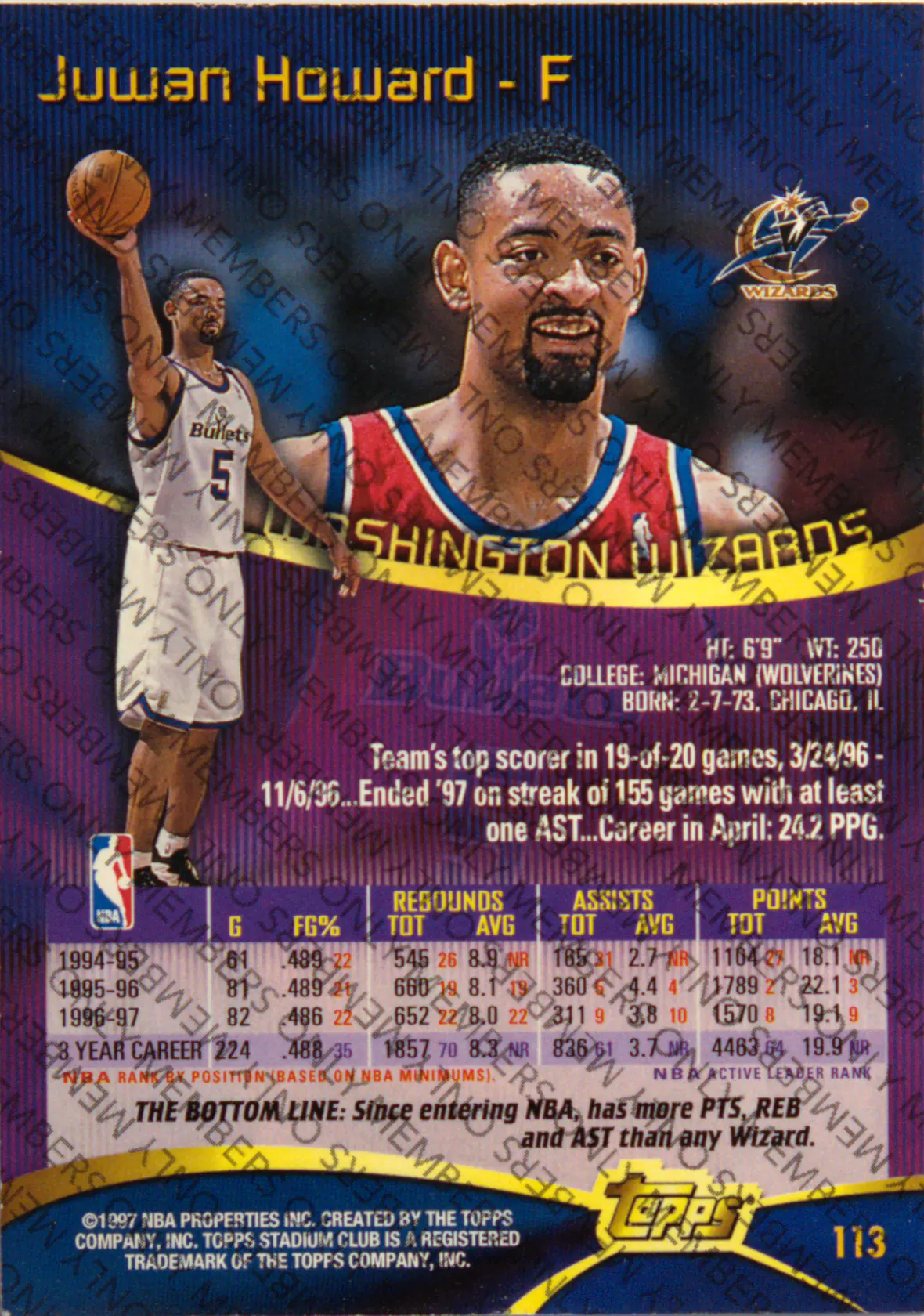 Back scan of Juwan Howard 1997-98 Topps Stadium Club #113 showing stats for Washington Bullets - Juwan Howard Collector Private Collection
