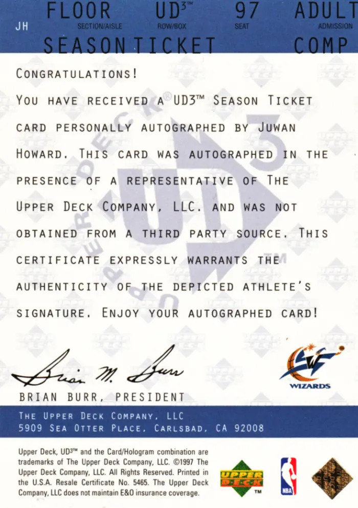 Back view of Juwan Howard 1997-98 UD3 #JH showing stats for Washington Bullets