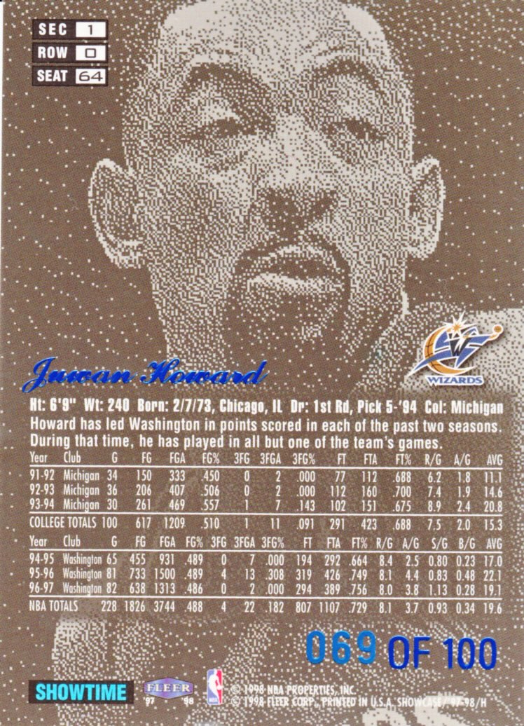 Back view of Juwan Howard 1997-98 Flair Showcase #ROW 0 SEAT 64 showing stats for Washington Wizards