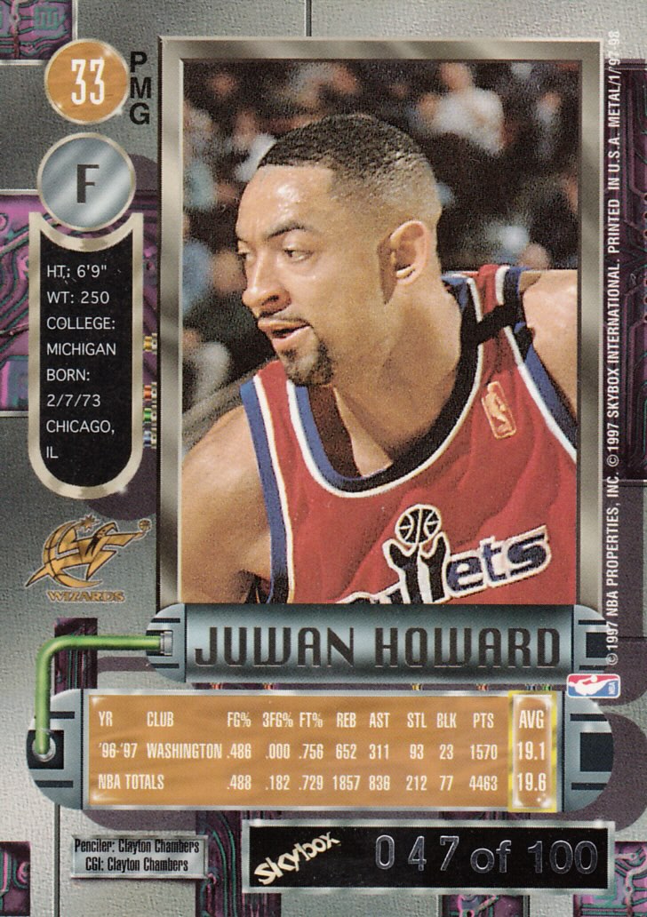Back view of Juwan Howard 1997-98 Fleer Metal Universe #33 showing stats for Washington Wizards