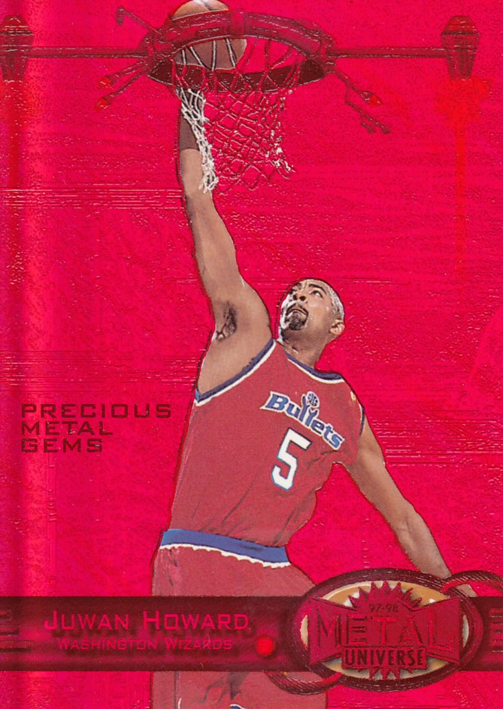 Front view of Juwan Howard 1997-98 Fleer Metal Universe #33 basketball card - Precious Metal Gems Red edition (Washington Wizards)