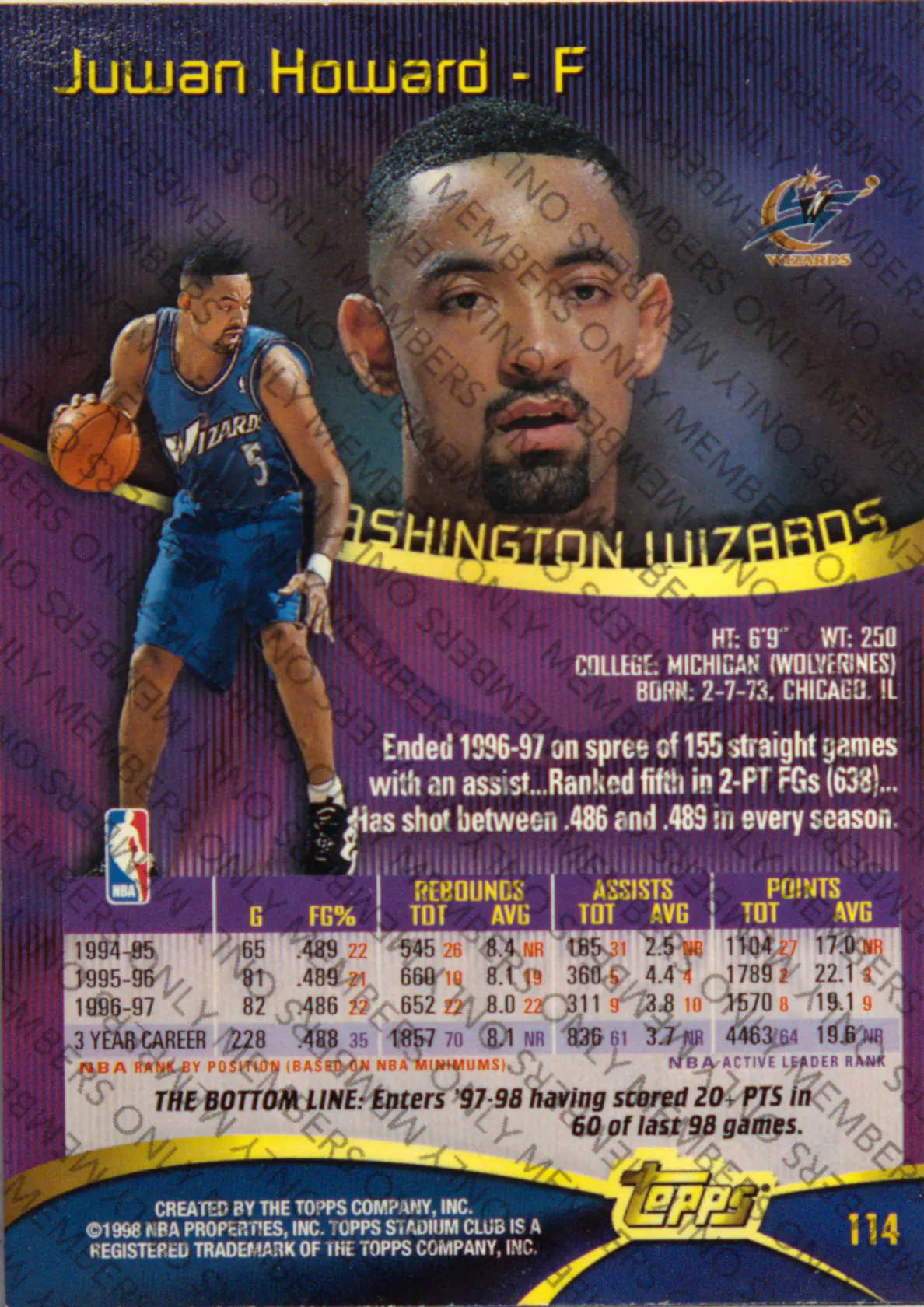 Back scan of Juwan Howard 1997-98 Topps Stadium Club #114 showing stats for Washington Wizards - Juwan Howard Collector Private Collection