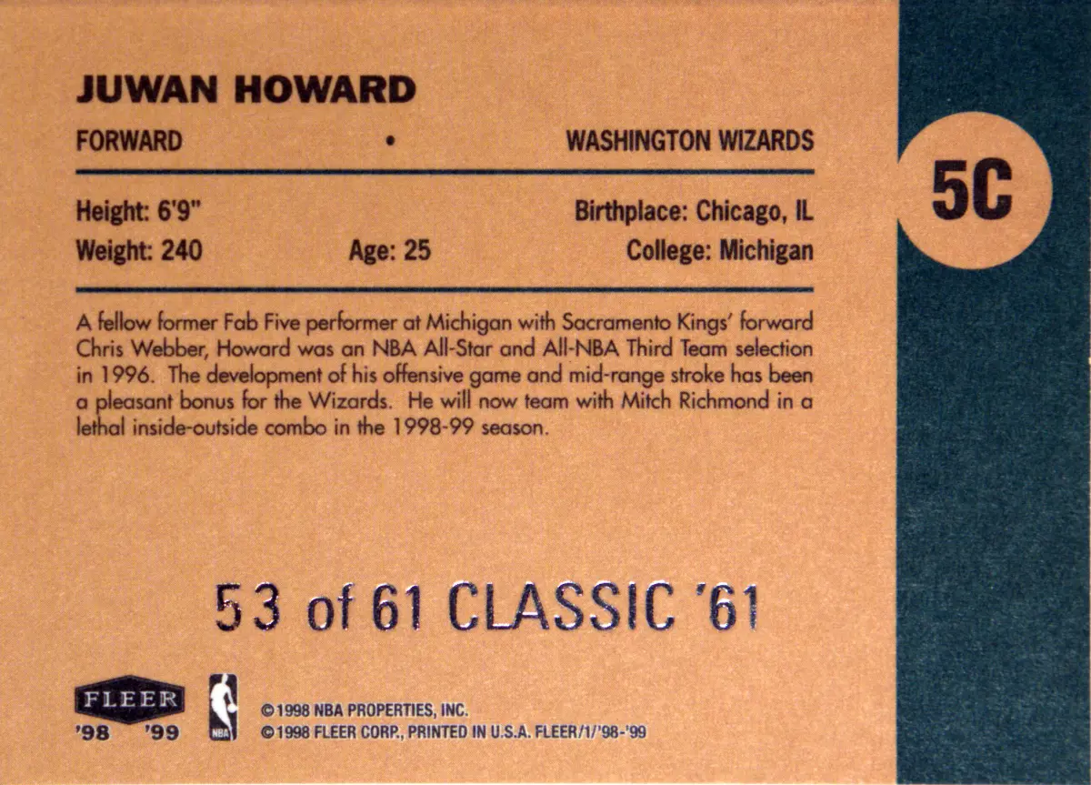 Back scan of Juwan Howard 1998-99 Fleer Vintage 61 #5C showing stats for Washington Wizards - Juwan Howard Collector Private Collection