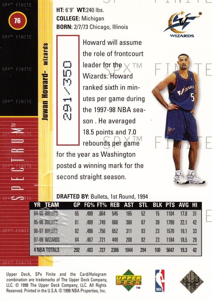 Back view of Juwan Howard 1998-99 SPx Finite #76 showing stats for Washington Wizards