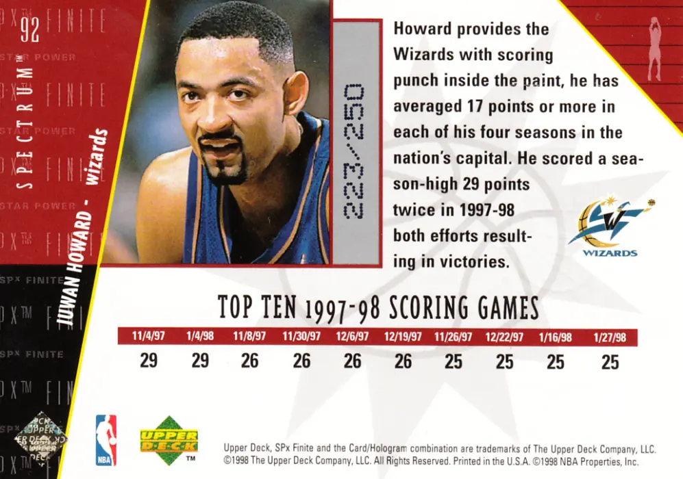 Back view of Juwan Howard 1998-99 SPx Finite #92 showing stats for Washington Wizards