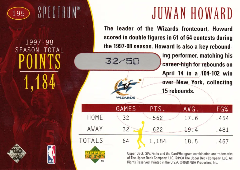 Back view of Juwan Howard 1998-99 SPx Finite #195 showing stats for Washington Wizards