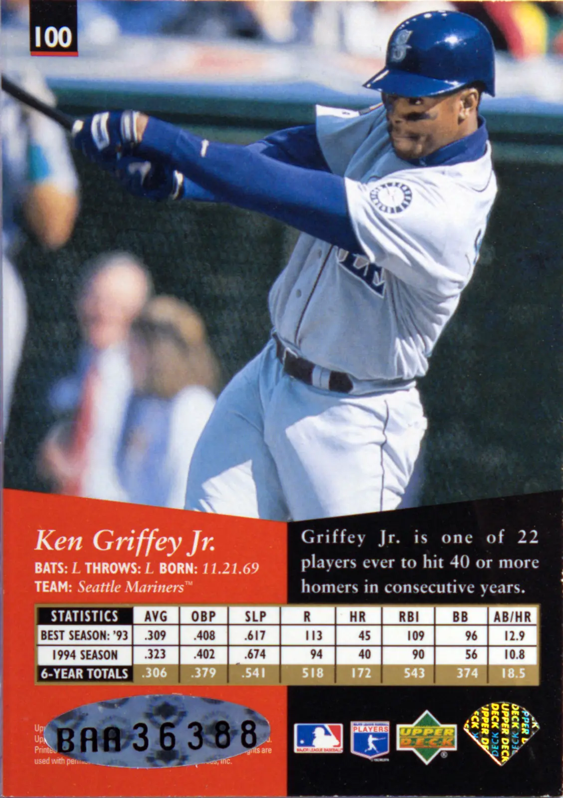 Back scan of Ken Griffey Jr. 2001 SP #100 showing stats for Seattle Mariners - Juwan Howard Super Collector Private Collection