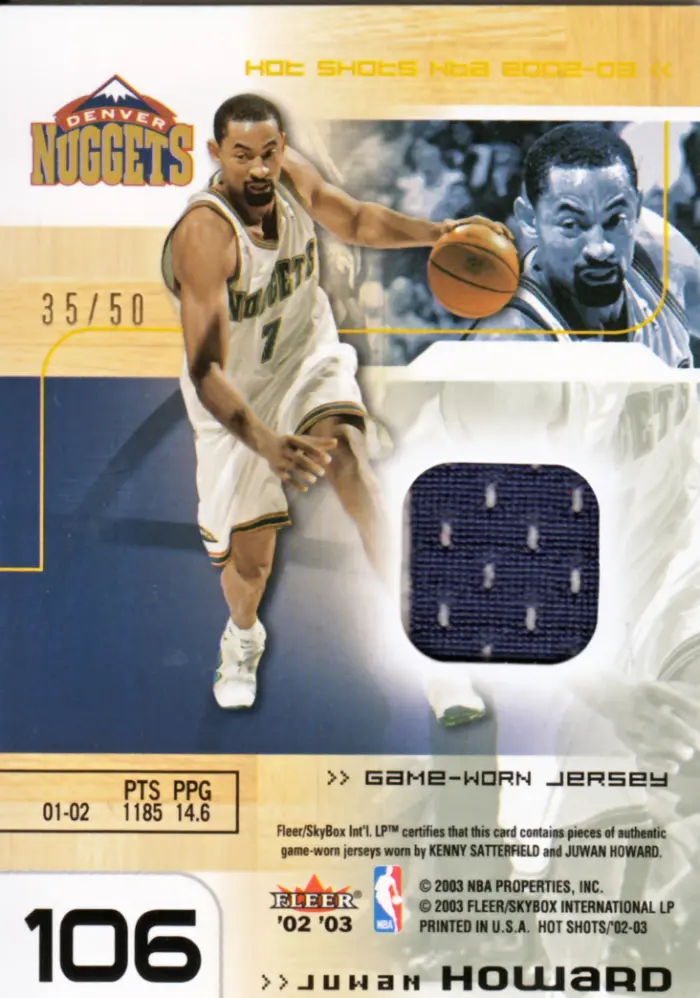 Back view of Juwan Howard 2002-03 Fleer Hot Shots #106 showing stats for Denver Nuggets