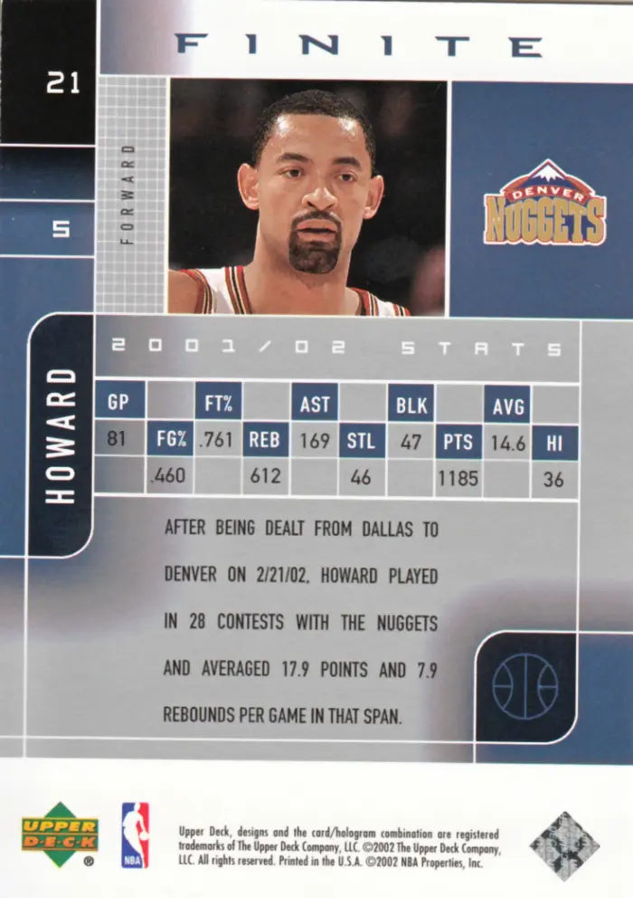 Back view of Juwan Howard 2002-03 UD Finite #21 showing stats for Denver Nuggets