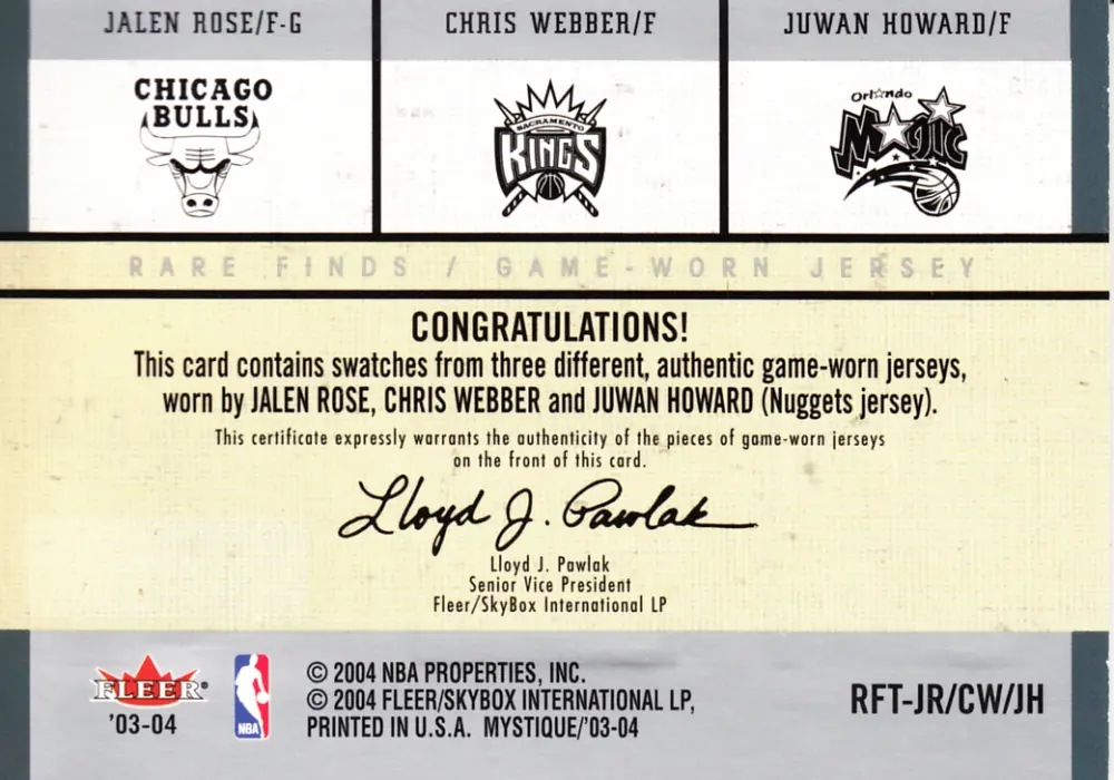 Back view of Juwan Howard 2003-04 Fleer Mystique #RFT-JR/CW/JH showing stats for Orlando Magic