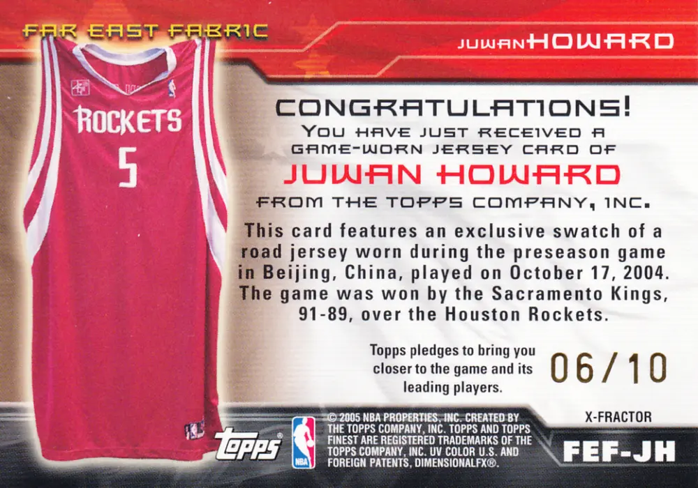 Back view of Juwan Howard 2004-05 Topps Finest #FEF-JH showing stats for Houston Rockets