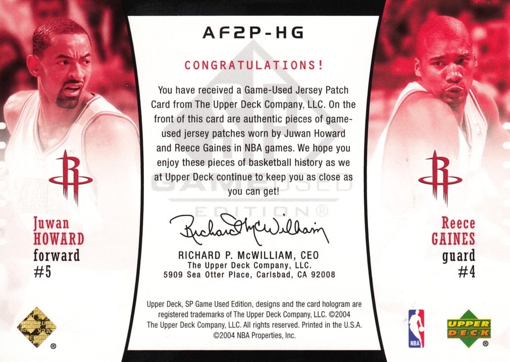 Back view of Juwan Howard 2004-05 SP Game Used Edition #AF2P-HG showing stats for Houston Rockets