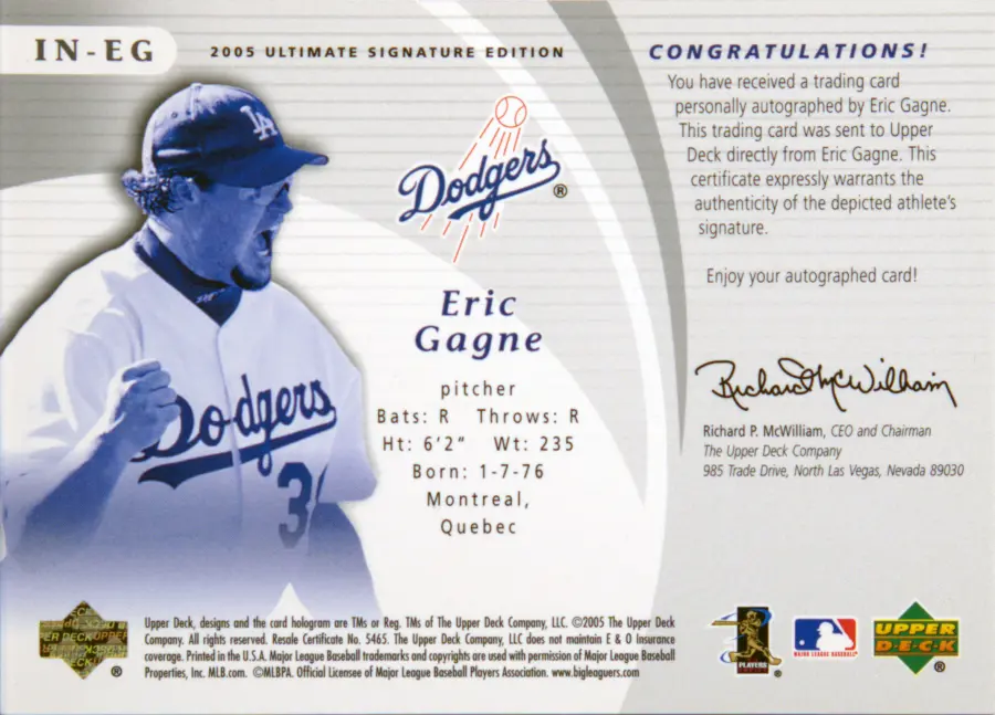 Back scan of Eric "Game Over" Gagne 2005 Ultimate Signature Edition #IN-EG showing stats for Los Angeles Dodgers - Eric "Game Over" Gagne Collector Private Collection
