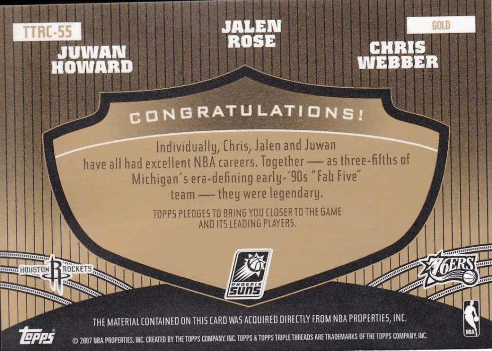 Back view of Juwan Howard 2006-07 Topps Triple Threats #TTRC-55 showing stats for Houston Rockets