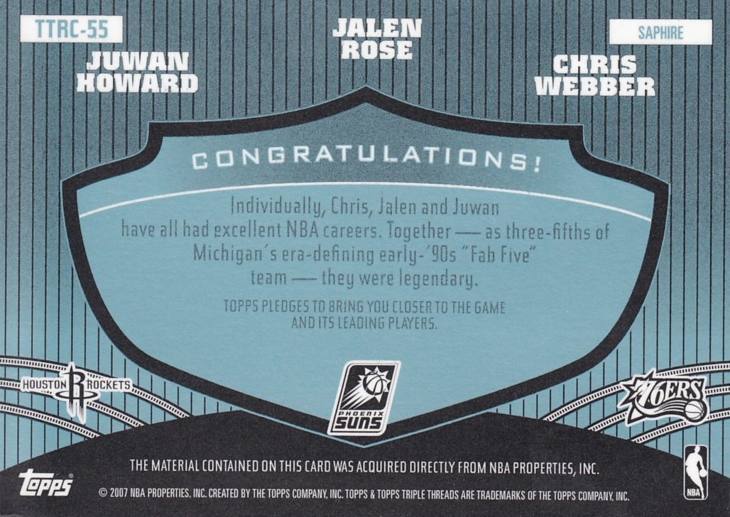 Back view of Juwan Howard 2006-07 Topps Triple Threats #TTRC-55 showing stats for Houston Rockets