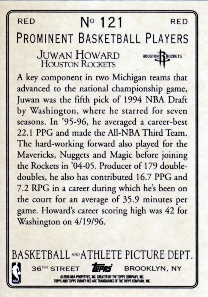 Back view of Juwan Howard 2006-07 Topps Turkey Red #121 showing stats for Houston Rockets
