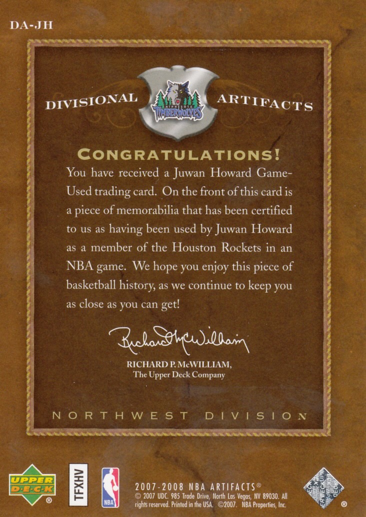 Back view of Juwan Howard 2007-08 UD Artifacts #DA-JH showing stats for Dallas Mavericks