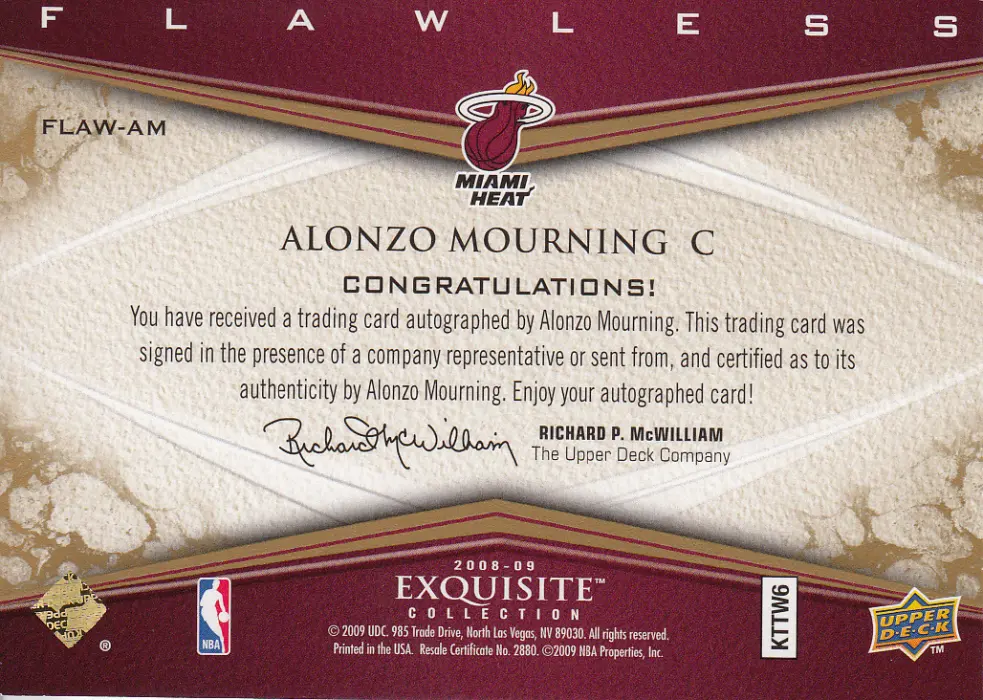 Back view of Alonzo Mourning 2008 Exquisite #FLAW-AM showing stats for Miami Heat