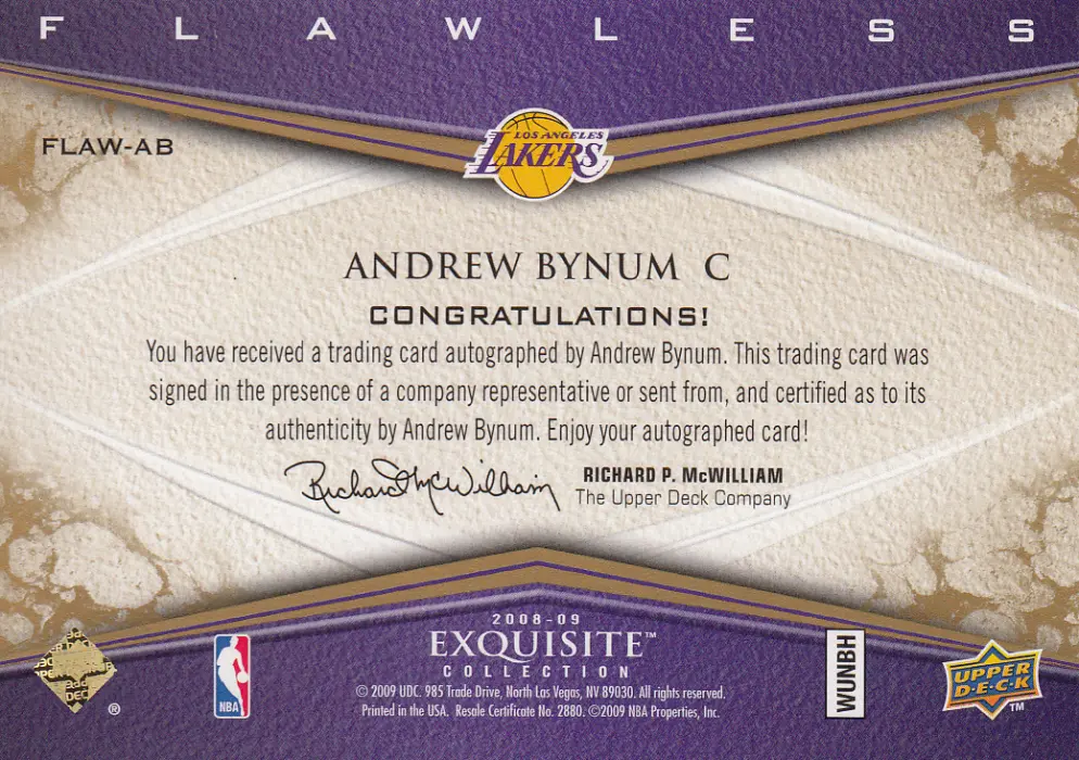 Back view of Andrew Bynum 2008 Exquisite #FLAW-AB showing stats for Los Angeles Lakers