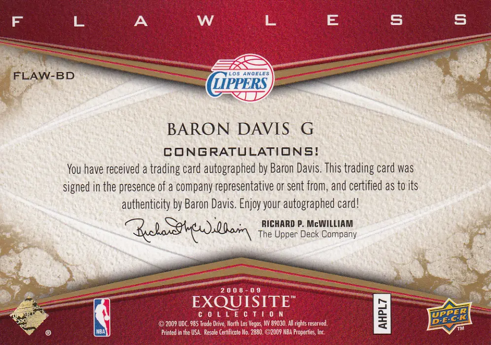 Back view of Baron Davis 2008 Exquisite #FLAW-BD showing stats for Los Angeles Clippers
