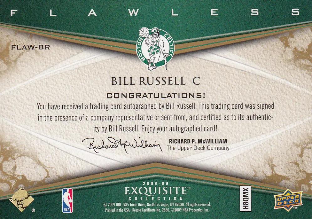 Back view of Bill Russell 2008 Exquisite #FLAW-BR showing stats for Boston Celtics