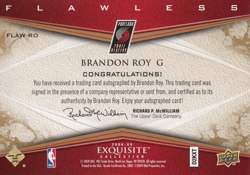 Back view of Brandon Roy 2008 Exquisite #FLAW-BR showing stats for Portland Trail Blazers