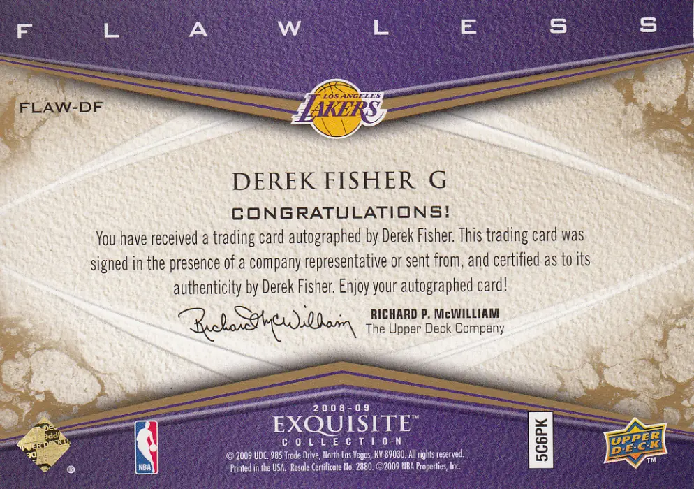 Back view of Derek Fisher 2008 Exquisite #FLAW-DF showing stats for Los Angeles Lakers