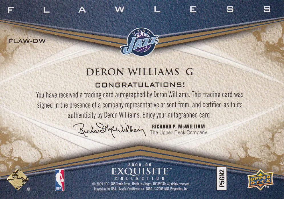Back view of Deron Williams 2008 Exquisite #FLAW-DW showing stats for Utah Jazz