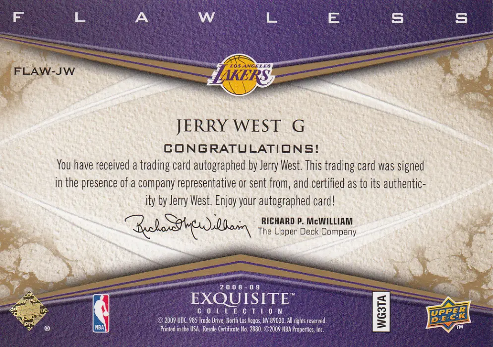 Back view of Jerry West 2008 Exquisite #FLAW-JW showing stats for Los Angeles Lakers