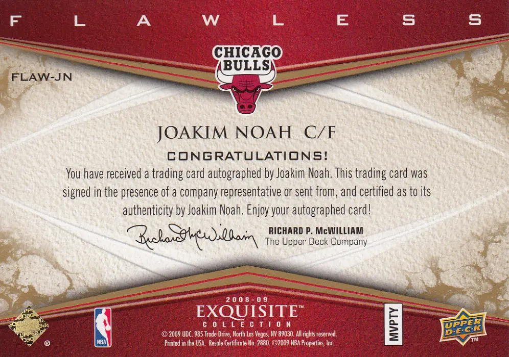 Back view of Joakim Noah 2008 Exquisite #FLAW-JN showing stats for Chicago Bulls