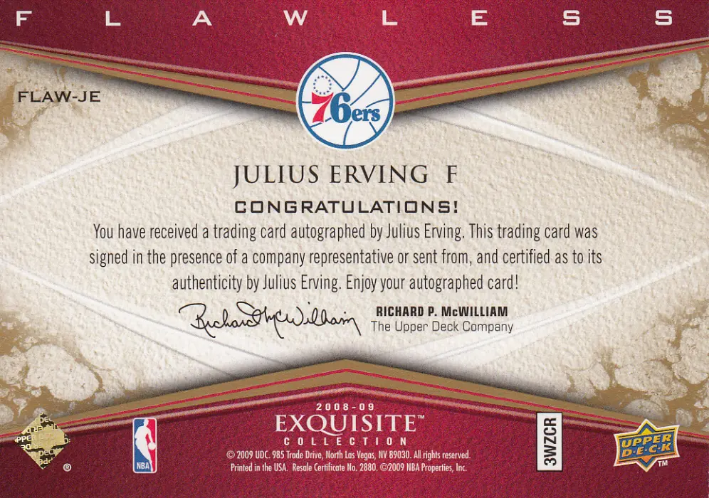 Back view of Julius Erving 2008 Exquisite #FLAW-JE showing stats for Philadelphia 76ers