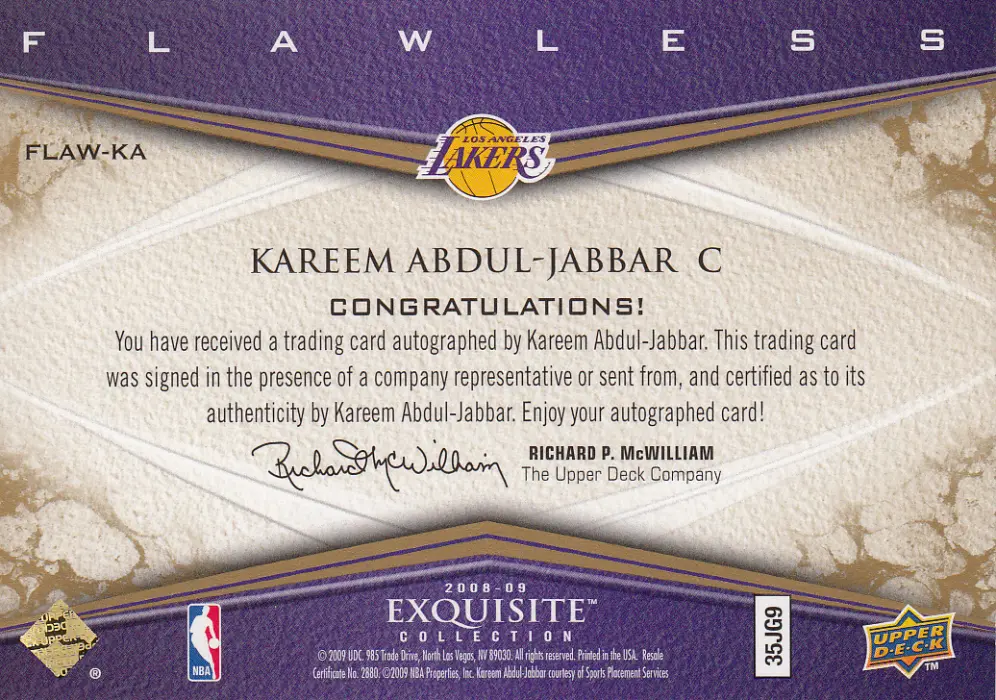 Back view of Kareem Abdul-Jabbar 2008 Exquisite #FLAW-KA showing stats for Los Angeles Lakers