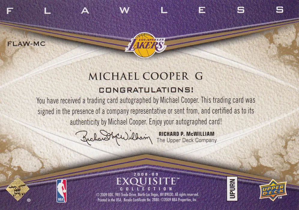 Back view of Michael Cooper 2008 Exquisite #FLAW-MC showing stats for Los Angeles Lakers