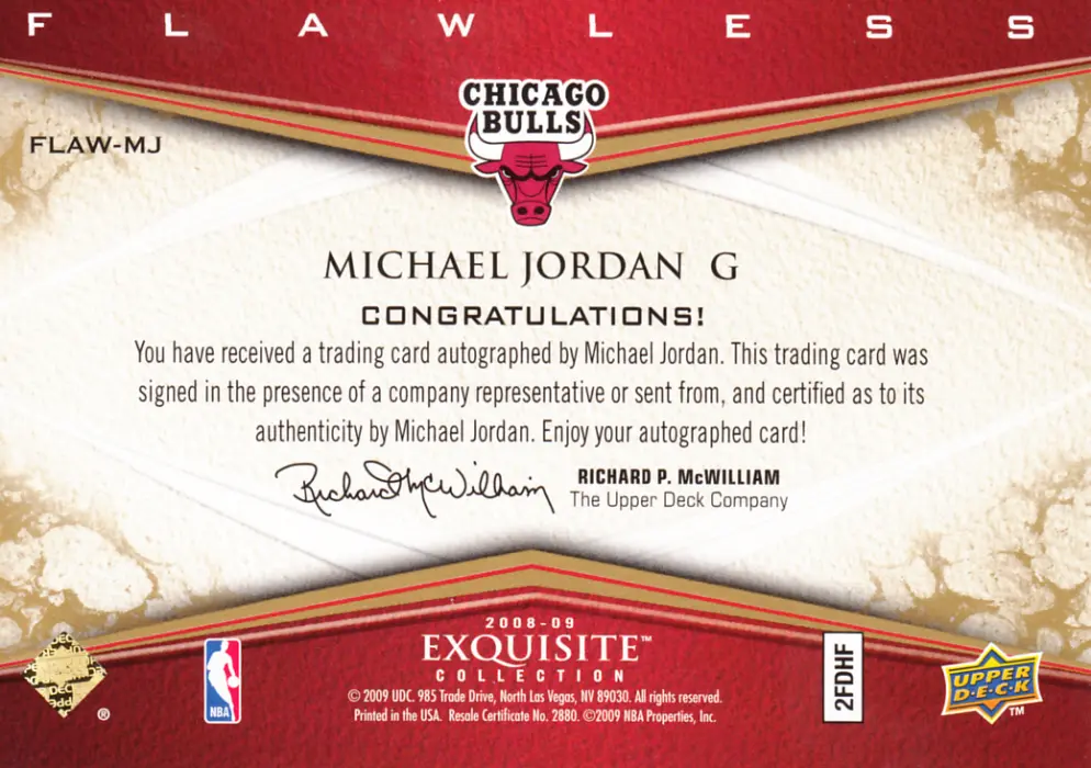 Back view of Michael Jordan 2008 Exquisite #FLAW-MJ showing stats for Chicago Bulls
