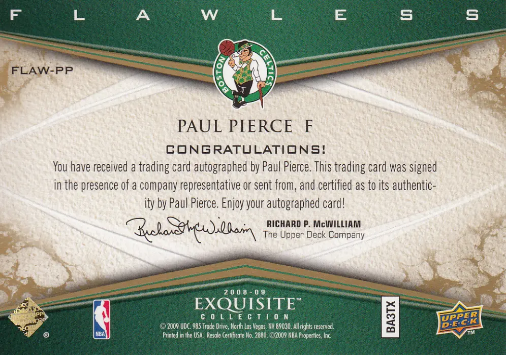 Back view of Paul Pierce 2008 Exquisite #FLAW-PP showing stats for Boston Celtics