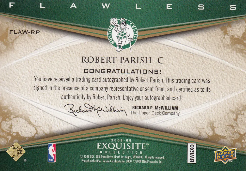 Back view of Robert Parish 2008 Exquisite #FLAW-RP showing stats for Boston Celtics