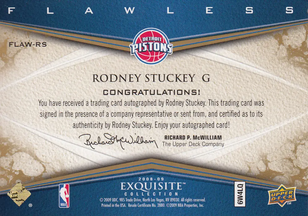 Back view of Rodney Stuckey 2008 Exquisite #FLAW-RS showing stats for Detroit Pistons