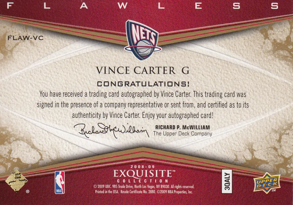 Back view of Vince Carter 2008 Exquisite #FLAW-VC showing stats for New Jersey Nets