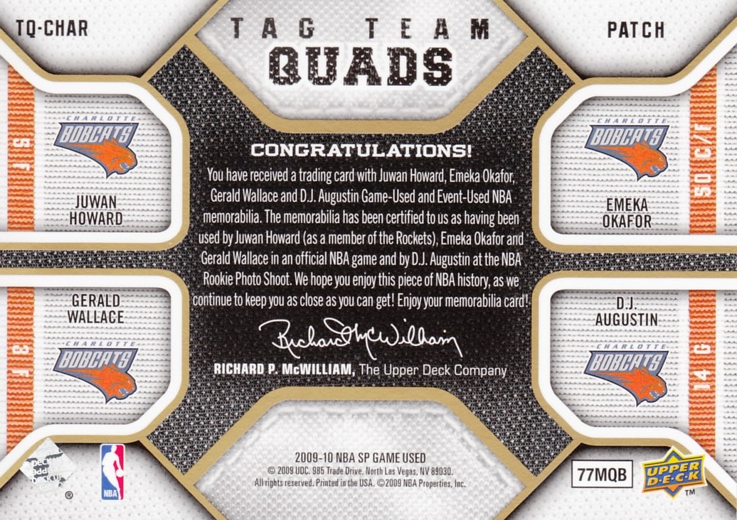 Back view of Juwan Howard 2009-10 SP Game Used Edition #TQ-CHAR showing stats for Portland Trail Blazers