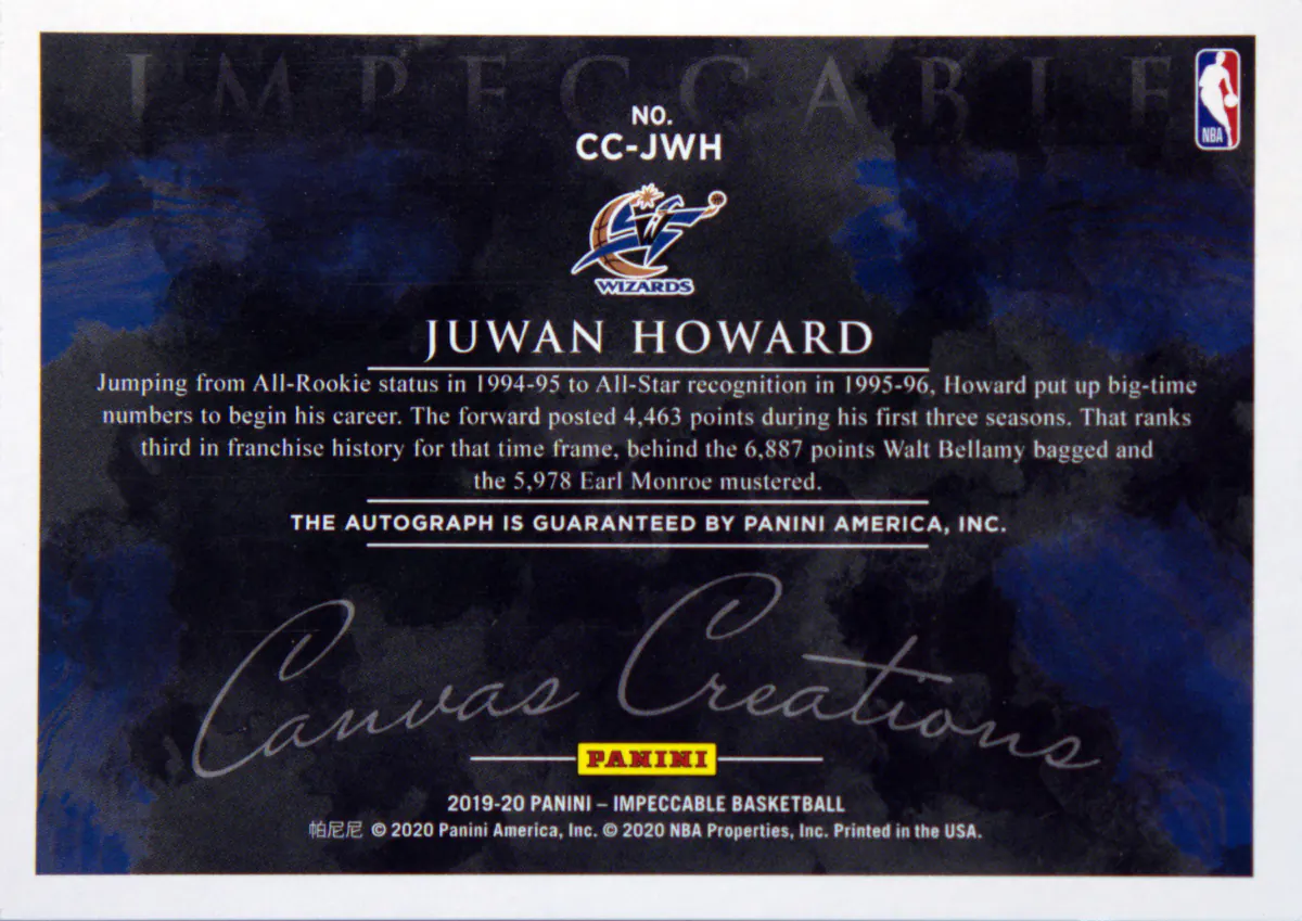 Back scan of Juwan Howard 2019-20 Panini Impeccable #CC-JWH showing stats for Washington Wizards - Juwan Howard Collector Private Collection
