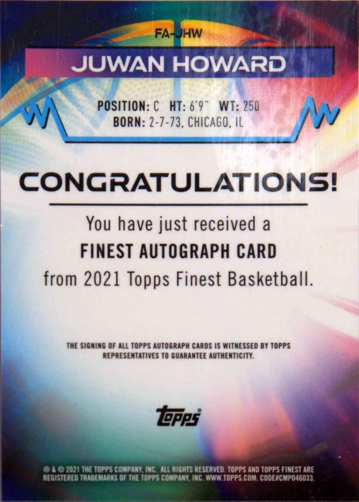 Back scan of 2021-22 Topps Finest Juwan Howard showing stats for Washington Bullets - Juwan Howard Collector Private Collection