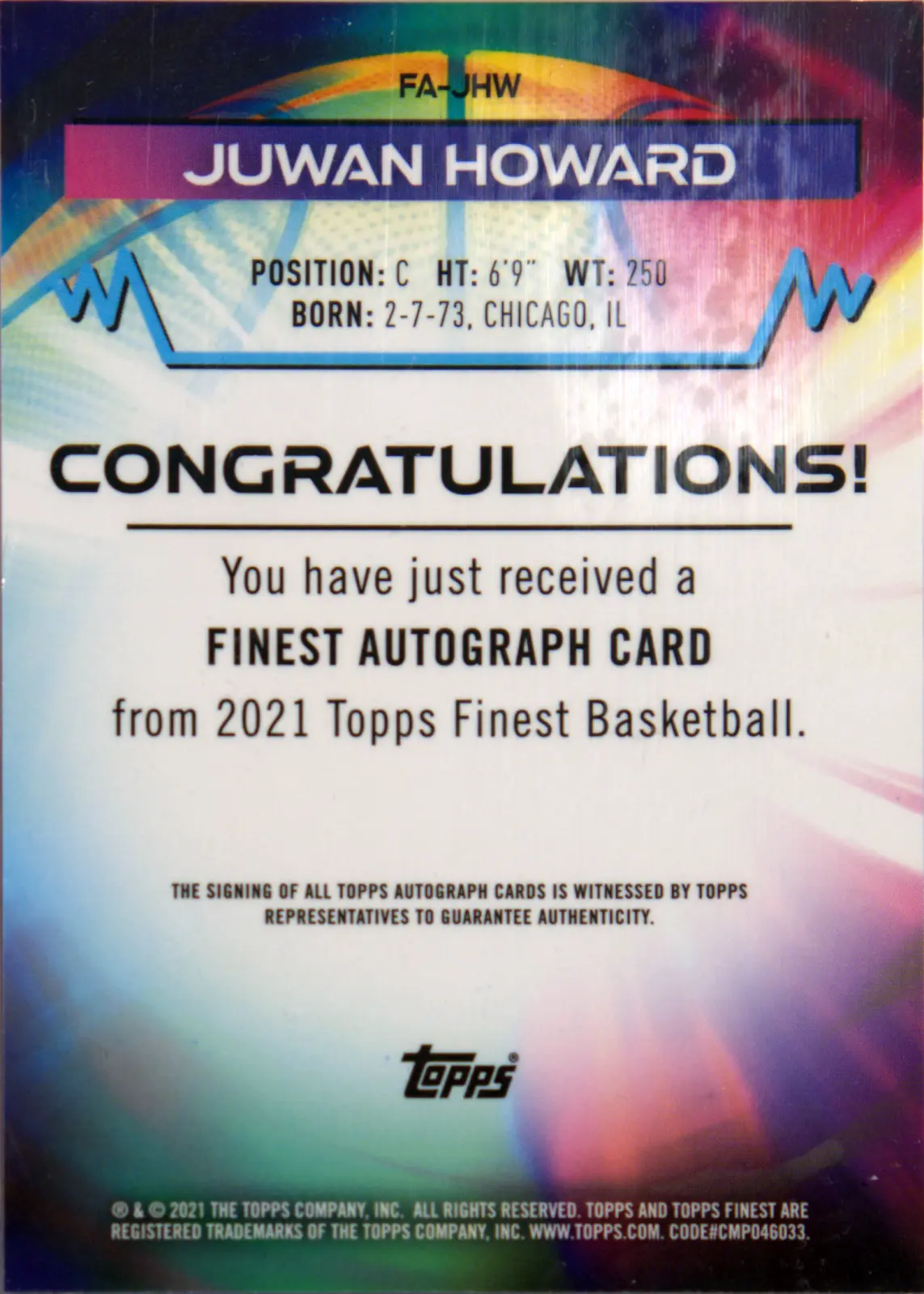 Back scan of Juwan Howard 2021-22 Topps Finest #FA-JHW showing stats for Washington Bullets - Juwan Howard Collector Private Collection