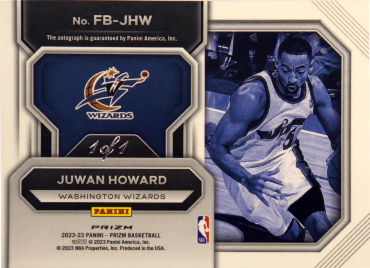 Back scan of Juwan Howard 2022-23 Panini Prizm #FB-JHW showing stats for Washington Bullets - Juwan Howard Collector Private Collection