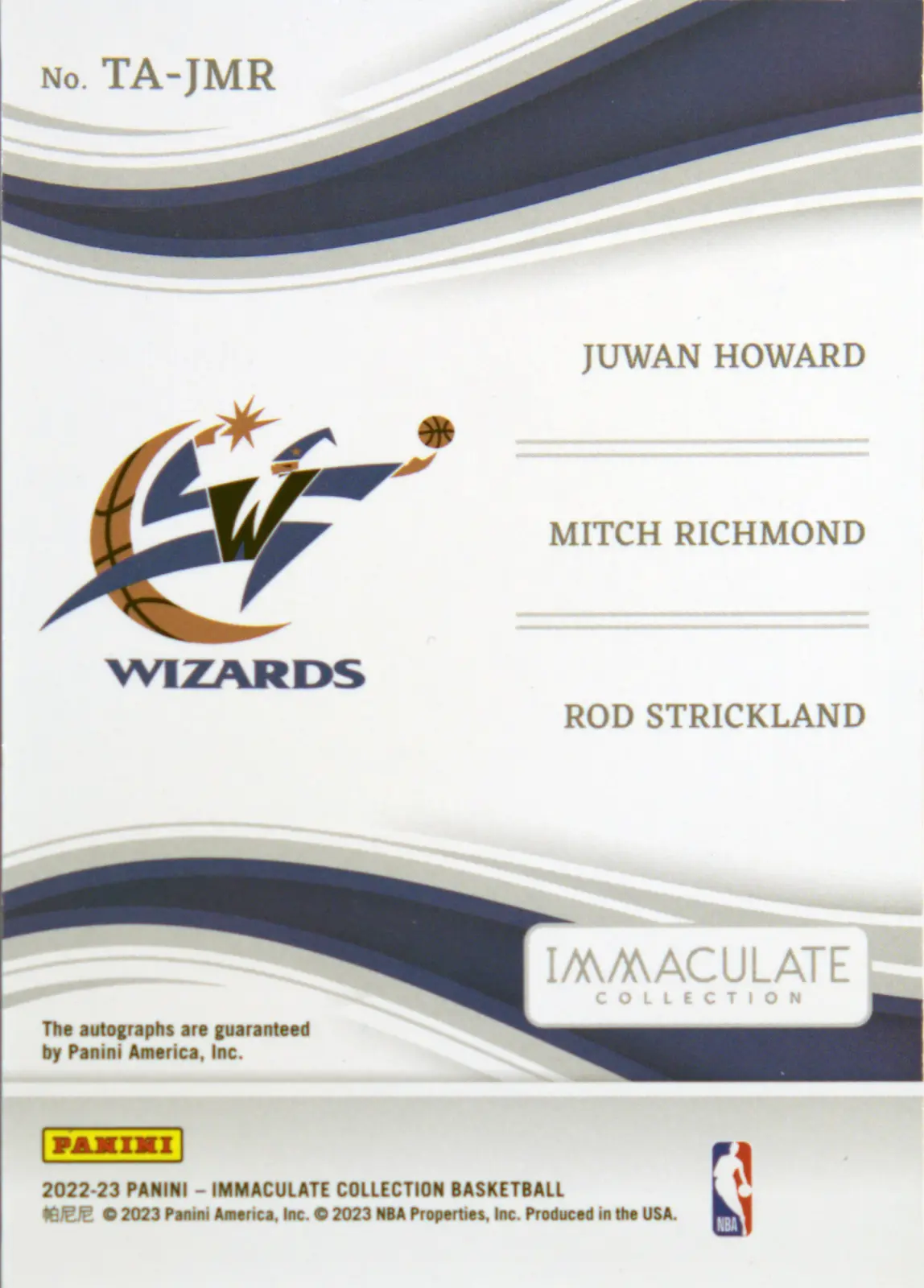 Back scan of Juwan Howard 2022-23 Panini Immaculate Collection #TA-JMR showing stats for Washington Wizards - Juwan Howard Collector Private Collection