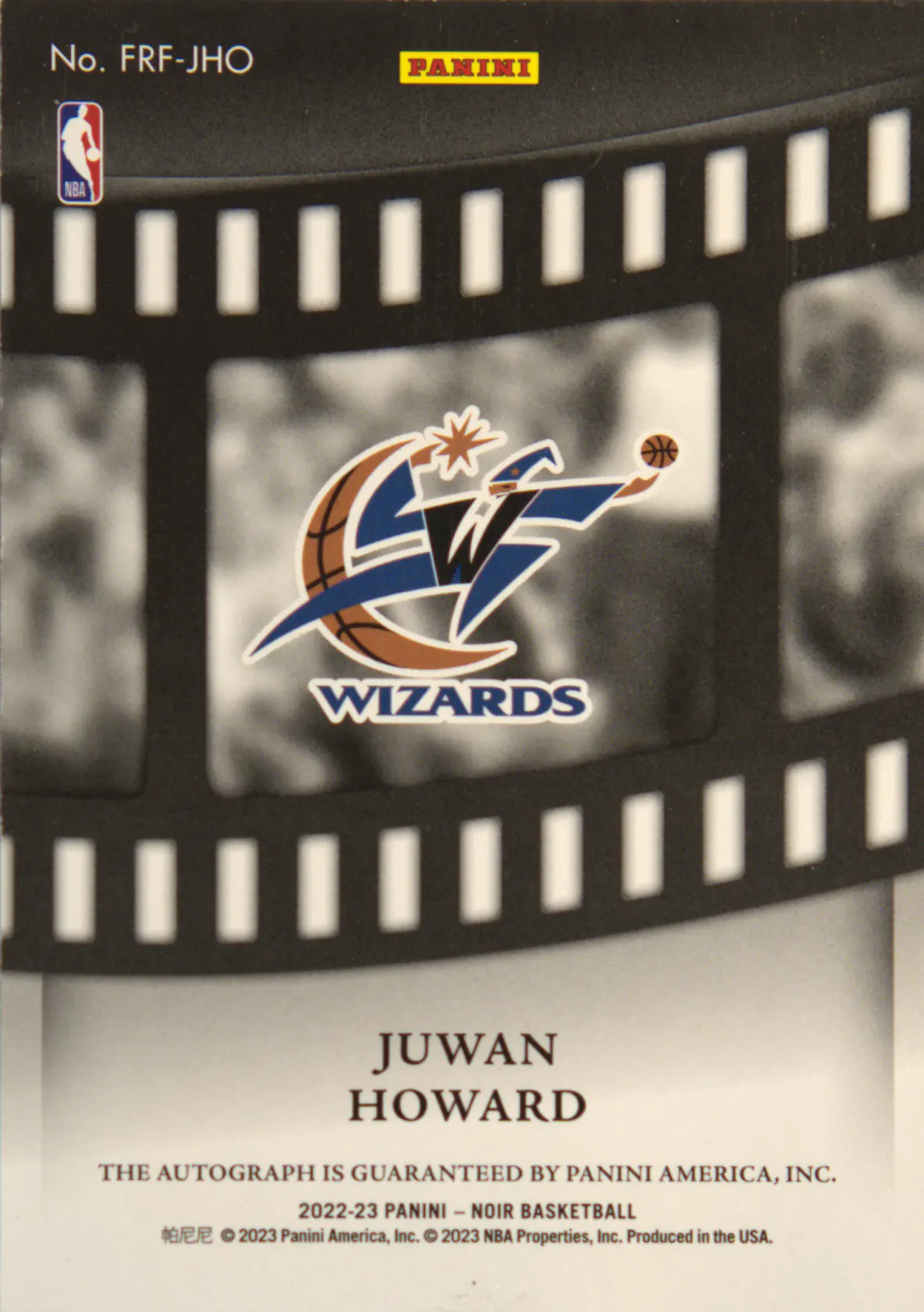 Back scan of Juwan Howard 2022-23 Panini Noir #FRF-JHO showing stats for Washington Wizards - Juwan Howard Collector Private Collection
