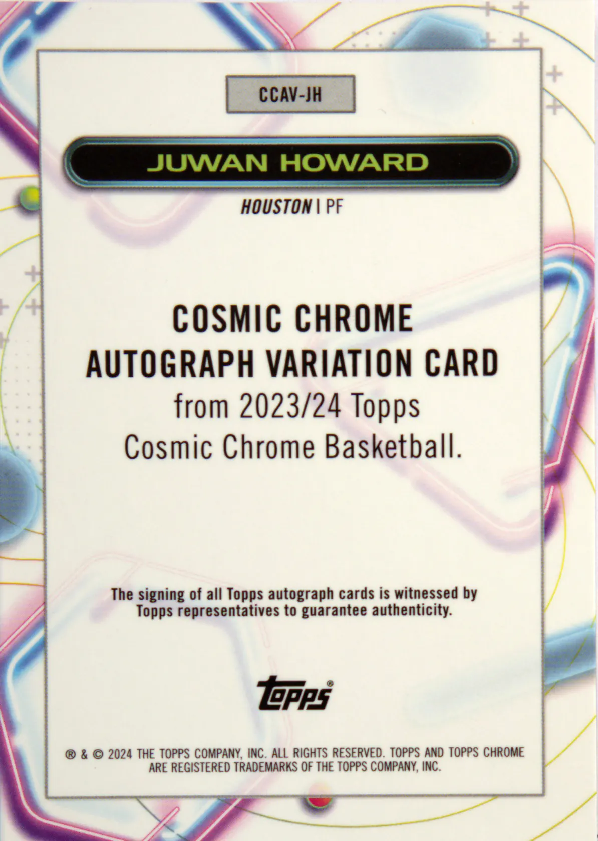 Back scan of Juwan Howard 2023-24 Topps Cosmic Chrome #CCAV-JH showing stats for Houston Rockets - Juwan Howard Collector Private Collection