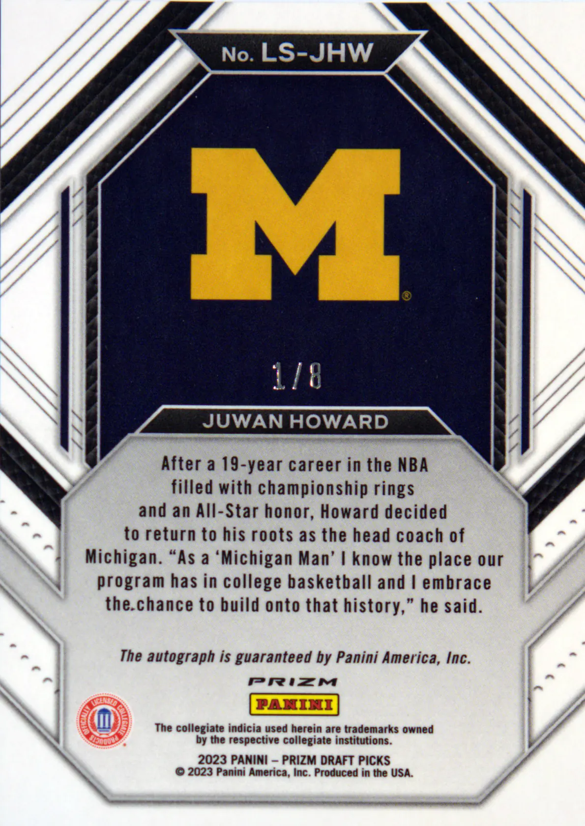 Back scan of Juwan Howard 2023-24 Panini Prizm Draft Picks #LS-JHW showing stats for Michigan Wolverines - Juwan Howard Collector Private Collection