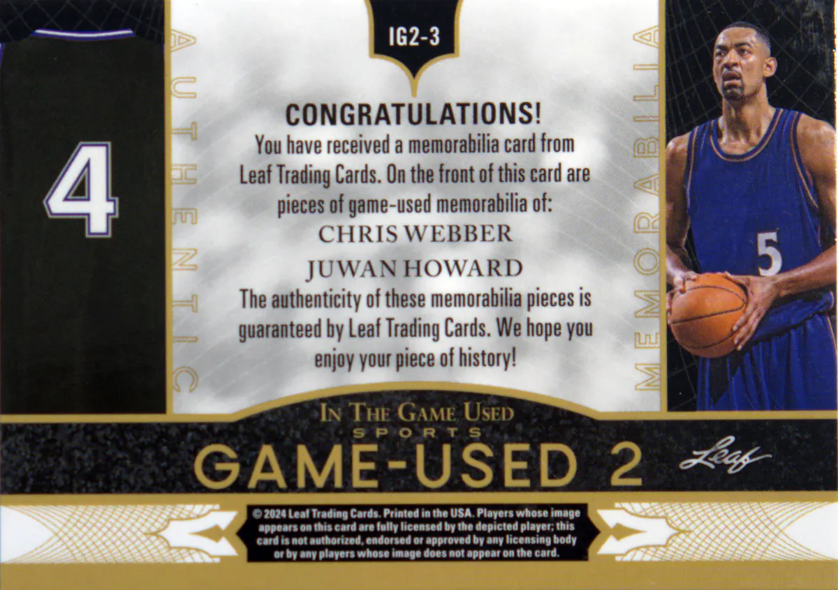 Back scan of Juwan Howard 2024-25 Leaf In The Game Used Sports #IG2-3 showing stats for Washington Wizards - Juwan Howard Collector Private Collection